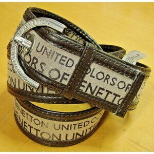 United Colors of Benetton Belt Brown Leather Trim Size M Silver Buckle NWOT Vtg